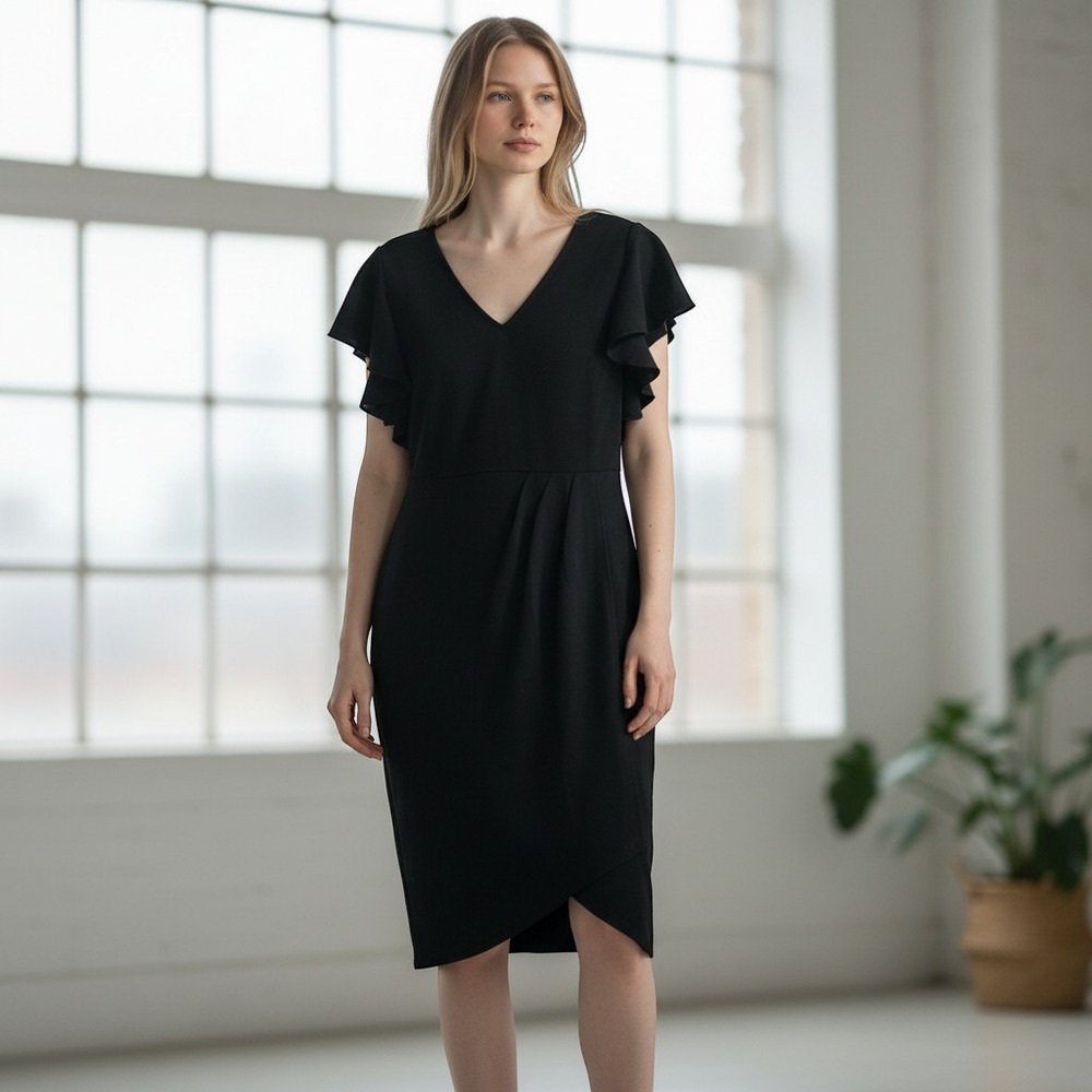 iHot Womens Black V-Neck Ruffle Sleeve Sheath Cocktail Dress Size L NWT